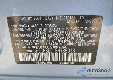 2011 Subaru Forester 2.5X Premium из США, поврежденный, VIN JF2SHBDC1BH735013